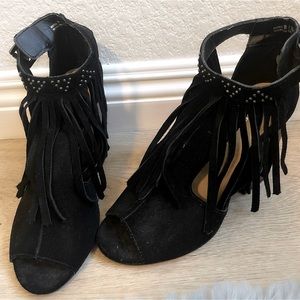 Chinese Laundry Boho genuine suede fringe stacked wood heel sandal booties …